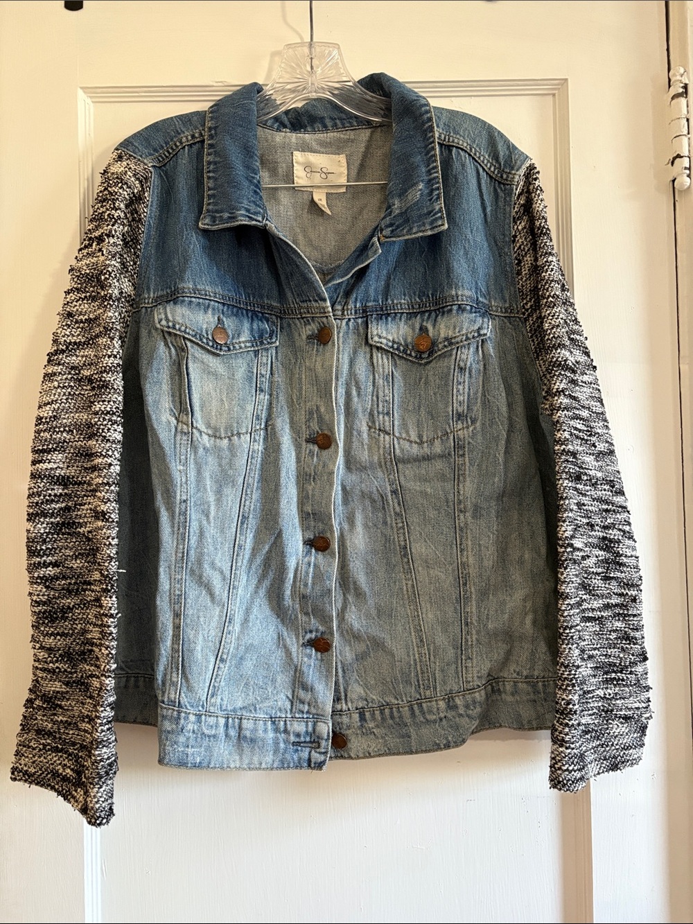 Jessica Simpson Light Blue Denim Jacket with Black & White Knit Sleeves